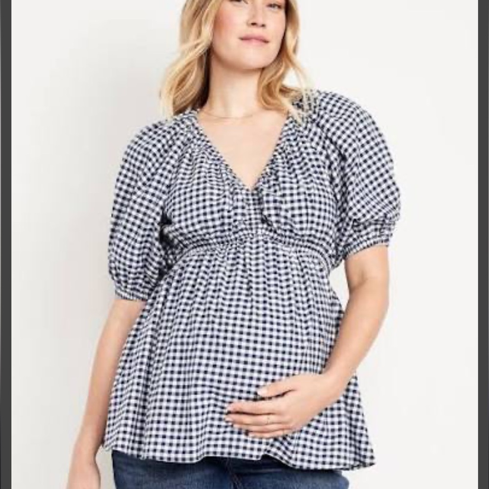 Maternity gingham poplin 100% Cotton Top, navy & white checkered